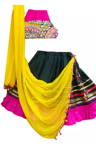 Aglare Brocade ,cotton ethnic Lehenga choli for small girls Green Blue Multi