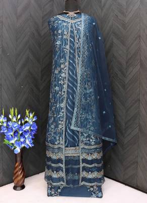 Teal Blue net wedding indian pakistani long gown anarkali suit 3