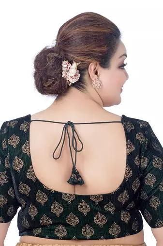 Green Gold Print Velvet Readymade Saree Blouse