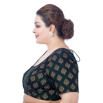 Green Gold Print Velvet Readymade Saree Blouse 3