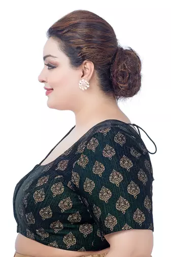 Green Gold Print Velvet Readymade Saree Blouse