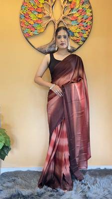 Brown Georgette Dyed Ready To Wear Saree With Unstitched Blouse Piece 1