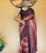 Brown Georgette Dyed Ready To Wear Saree With Unstitched Blouse Piece