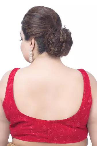 Red Velvet Sequin Sleeveless U Neck Readymade Saree Blouse