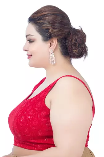 Red Velvet Sequin Sleeveless U Neck Readymade Saree Blouse