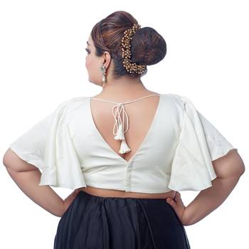 White Silk Ruffle Sleeve V Neck Readymade Saree Blouse 2