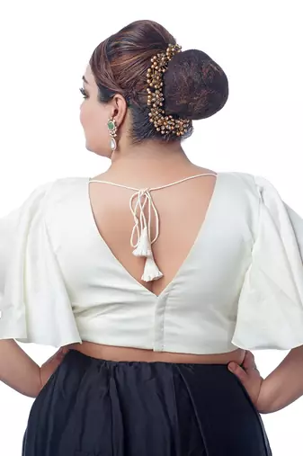 White Silk Ruffle Sleeve V Neck Readymade Saree Blouse