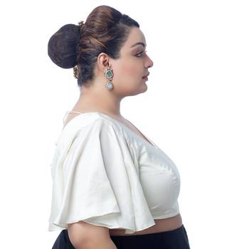 White Silk Ruffle Sleeve V Neck Readymade Saree Blouse 3