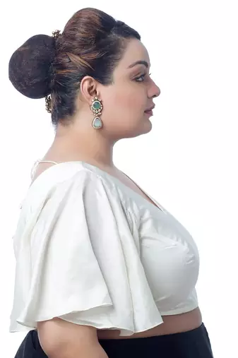White Silk Ruffle Sleeve V Neck Readymade Saree Blouse