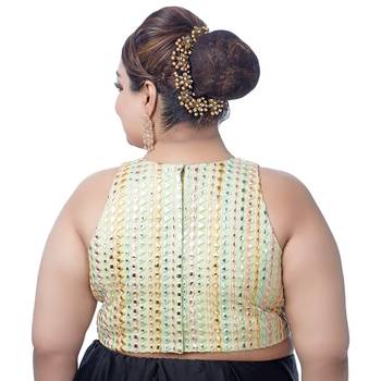 Pista Green Silk Mirror Work Sleeveless Readymade Saree Blouse 2