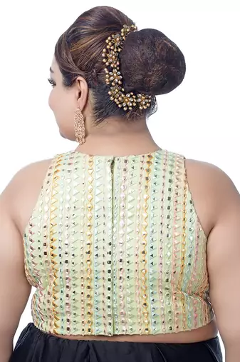 Pista Green Silk Mirror Work Sleeveless Readymade Saree Blouse