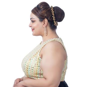 Pista Green Silk Mirror Work Sleeveless Readymade Saree Blouse 3