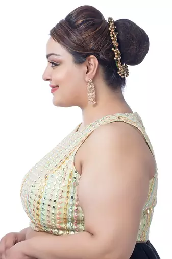 Pista Green Silk Mirror Work Sleeveless Readymade Saree Blouse