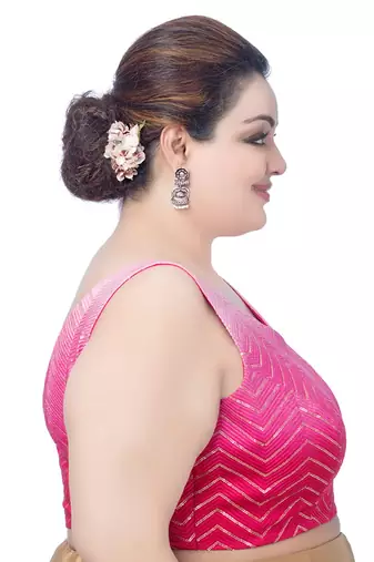 Pink Silk Sequin V Neck Sleeveless Readymade Saree Blouse