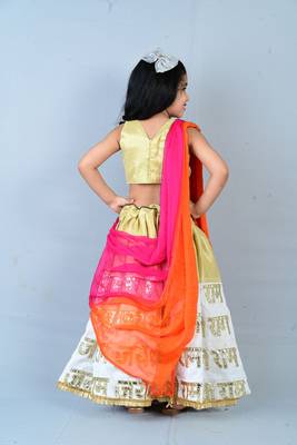 Aglare heavy embroidered Brocade/velvet ethnic Lehenga choli for small girls.Shriram Print ,Cream 2