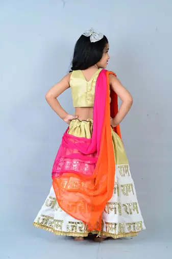 Aglare heavy embroidered Brocade/velvet ethnic Lehenga choli for small girls.Shriram Print ,Cream