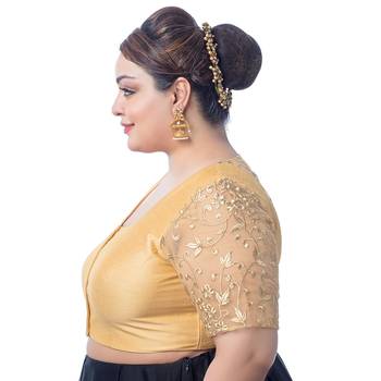 Gold Silk Embroidered Half Sleeves Readymade Saree Blouse 3