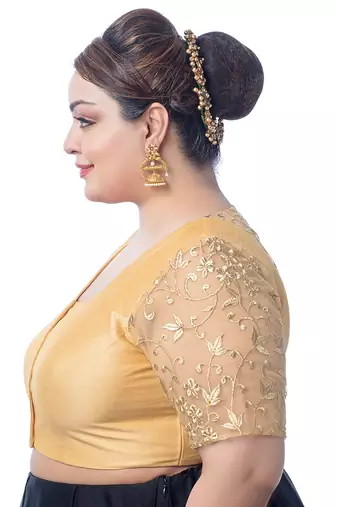 Gold Silk Embroidered Half Sleeves Readymade Saree Blouse