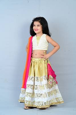 Aglare heavy embroidered Brocade/velvet ethnic Lehenga choli for small girls.Shriram Print ,Cream 3