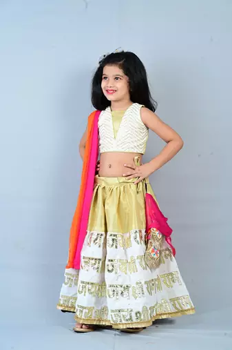 Aglare heavy embroidered Brocade/velvet ethnic Lehenga choli for small girls.Shriram Print ,Cream