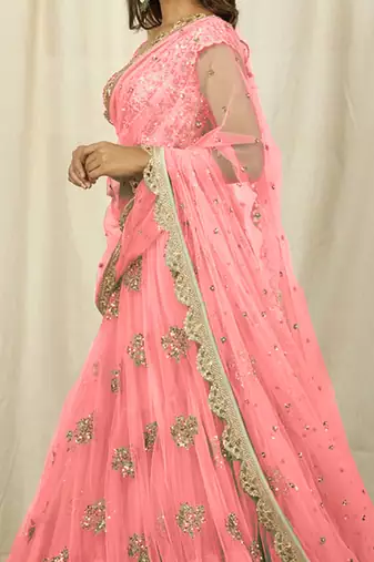 Pink Net Embroidered Lehenga Choli