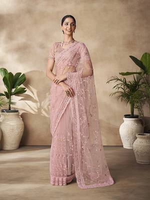 Fusionic Pink Color Embroidered Ethnic-Sarees In Net With Blouse 1