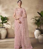 Fusionic Pink Color Embroidered Ethnic-Sarees In Net With Blouse
