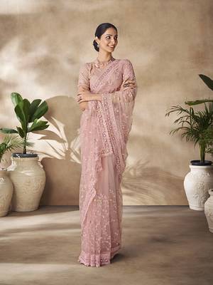 Fusionic Pink Color Embroidered Ethnic-Sarees In Net With Blouse 2