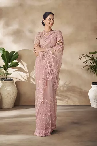 Fusionic Pink Color Embroidered Ethnic-Sarees In Net With Blouse