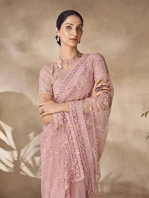 Fusionic Pink Color Embroidered Ethnic-Sarees In Net With Blouse 3