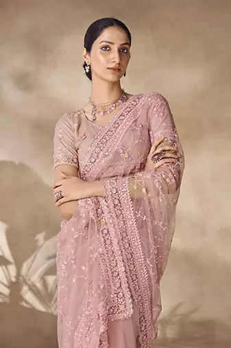 Fusionic Pink Color Embroidered Ethnic-Sarees In Net With Blouse