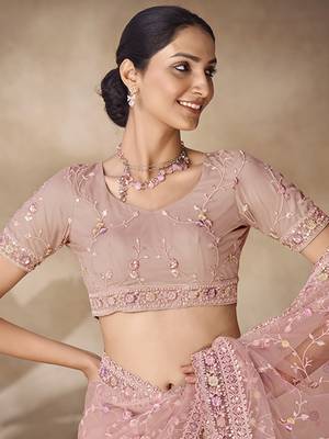 Fusionic Pink Color Embroidered Ethnic-Sarees In Net With Blouse 4