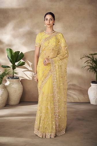 Fusionic Yellow Color Embroidered Ethnic-Sarees In Net With Blouse