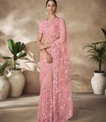 Fusionic Peach Color Embroidered Ethnic-Sarees In Net With Blouse