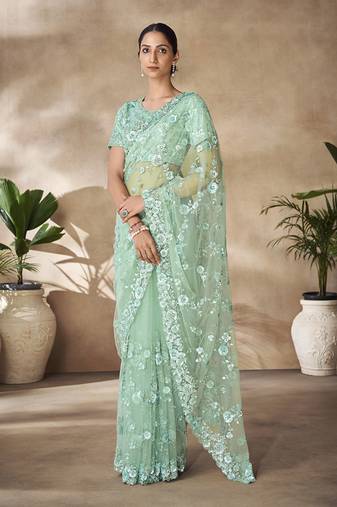 Fusionic Sea Green Color Embroidered Ethnic-Sarees In Net With Blouse