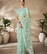 Fusionic Sea Green Color Embroidered Ethnic-Sarees In Net With Blouse