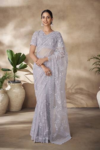 Fusionic Grey Color Embroidered Ethnic-Sarees In Net With Blouse
