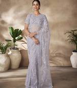 Fusionic Grey Color Embroidered Ethnic-Sarees In Net With Blouse
