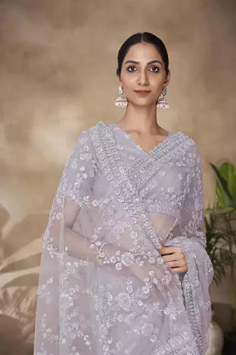 Fusionic Grey Color Embroidered Ethnic-Sarees In Net With Blouse