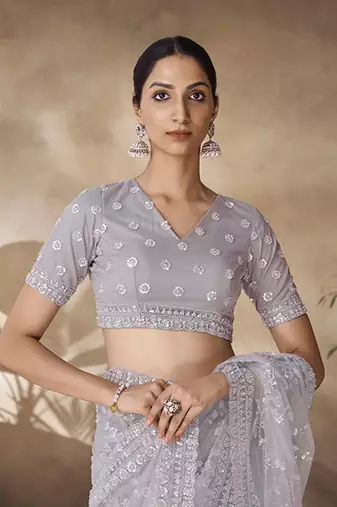 Fusionic Grey Color Embroidered Ethnic-Sarees In Net With Blouse