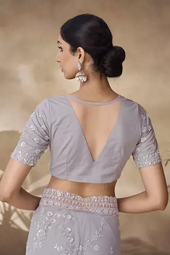 Fusionic Grey Color Embroidered Ethnic-Sarees In Net With Blouse