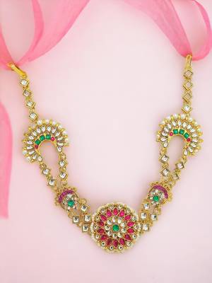 Rajwadi pink green kundan bridal mathapatti sheeshphool 3