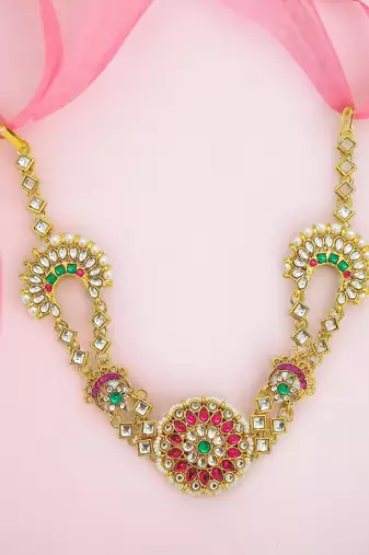 Rajwadi pink green kundan bridal mathapatti sheeshphool