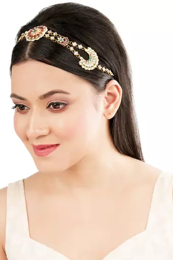 Rajwadi pink green kundan bridal mathapatti sheeshphool