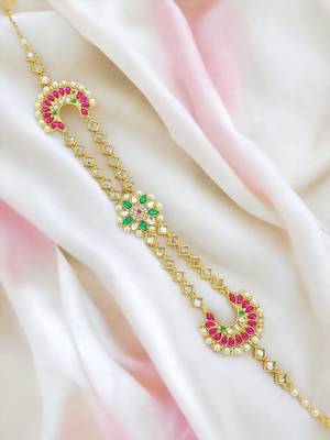 Ornate pink green kundan bridal mathapatti sheeshphool 3