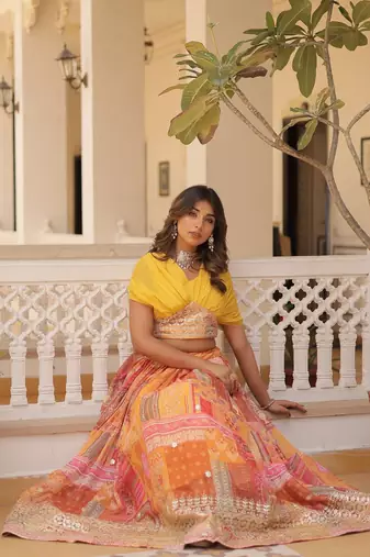 Yellow Silk Embroidered Lehenga Choli Set