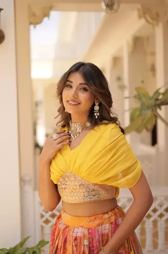 Yellow Silk Embroidered Lehenga Choli Set