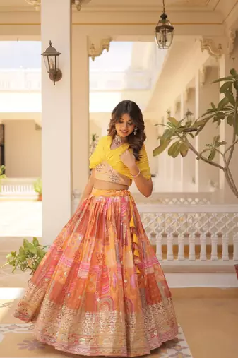 Yellow Silk Embroidered Lehenga Choli Set