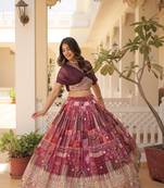 GLAMOROUS WINE RUSSIAN SILK RICH DIGITAL PRINTED WITH FOIL EMBROIDERED WORK LEHENGA CHOLI FOR WEDDING