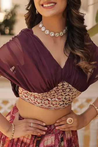 GLAMOROUS WINE RUSSIAN SILK RICH DIGITAL PRINTED WITH FOIL EMBROIDERED WORK LEHENGA CHOLI FOR WEDDING